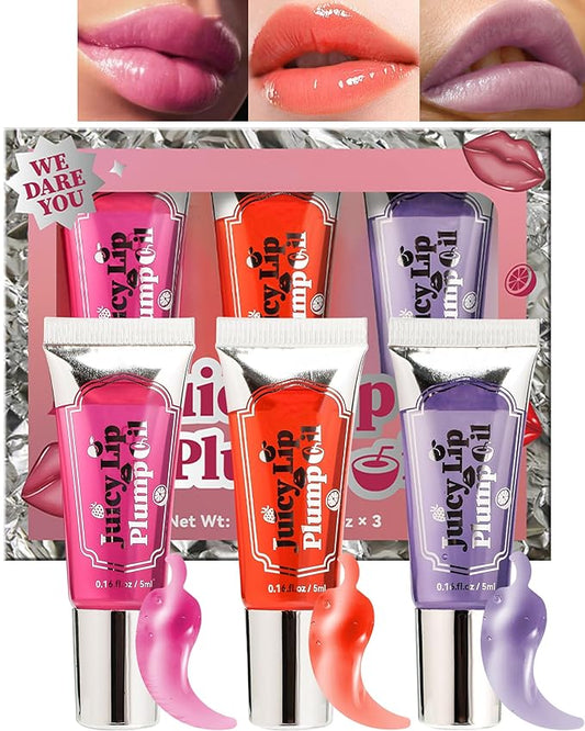 Plumping Lip Oil Kit-3Pcs Hydrating Glossier Tinted Lip Gloss,Long Lasting Lip Plumper and Pout Booster LIpgloss, Moisturizing Non-Sticky Natural Fuller Lip Tint Stain, Makeup Gift for Women-Set B-Velvo Beauty