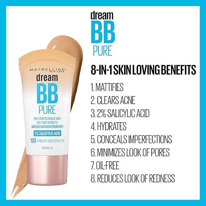 Maybelline Dream Pure Skin Clearing BB Cream, 8-in-1 Skin Perfecting Beauty Balm With 2% Salicylic Acid, Sheer Tint Coverage, Oil-Free, Medium, 1 Count-Velvo Beauty