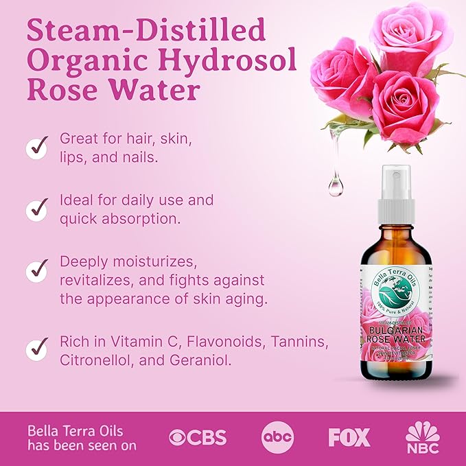 Bella Terra Oils - Organic Rose Water Mist 4 oz - Capture The Bulgarian Rose Essence, Perfect as a Gentle Rosewater Face Mist, Free from Synthetics-Velvo Beauty