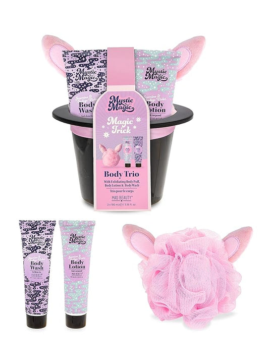 MAD BEAUTY Mystic Magic Rabbit in the Hat Body Trio, 3-in-1 Bath Kit: Exfoliating Loofah, Body Lotion, & Body Wash, Gorgeous Jasmine & Indigo Violet, Relax & Unwind, Great Self-Care Gift Set-Velvo Beauty