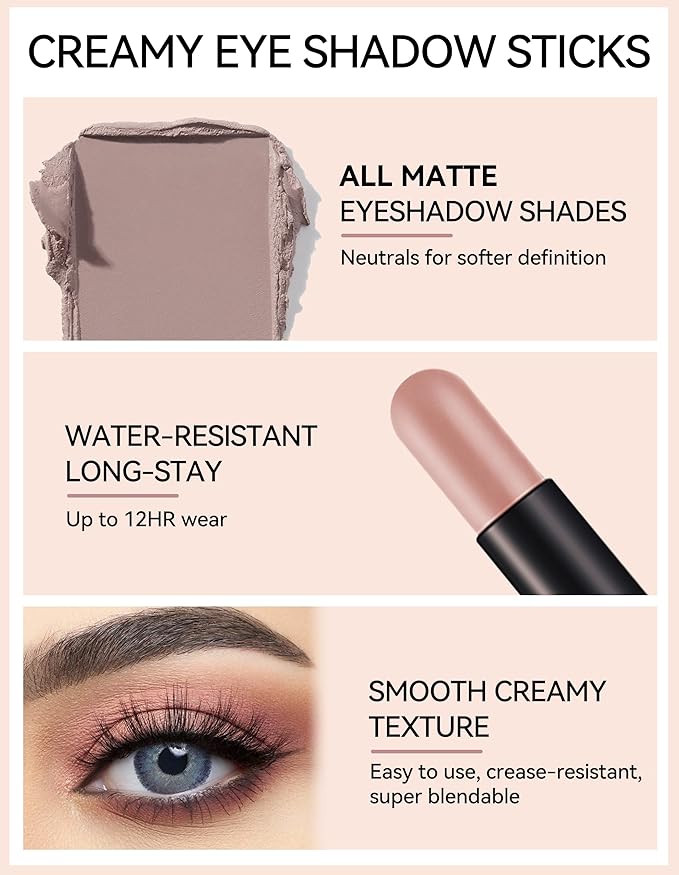 Erinde Waterproof Cream Eyeshadow Stick, Matte Nude Eye Shadow Sticks, Longwear Blendable High Pigmented, Neutral Eye Shadow Sticks Matte for Older Eyes, Smokey Eyeshadow Pencil Crayon, 11 Rose Nude-Velvo Beauty