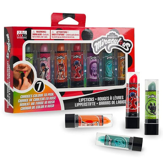 Miraculous Ladybug Cosmetic Lipstick Set - 7 Fruit Scented Color-Changing Lipsticks for Kids - Transforming Lipsticks Turn Pink - Magic Lipsticks Gift Set - Safe & Fun Makeup Kit-Velvo Beauty