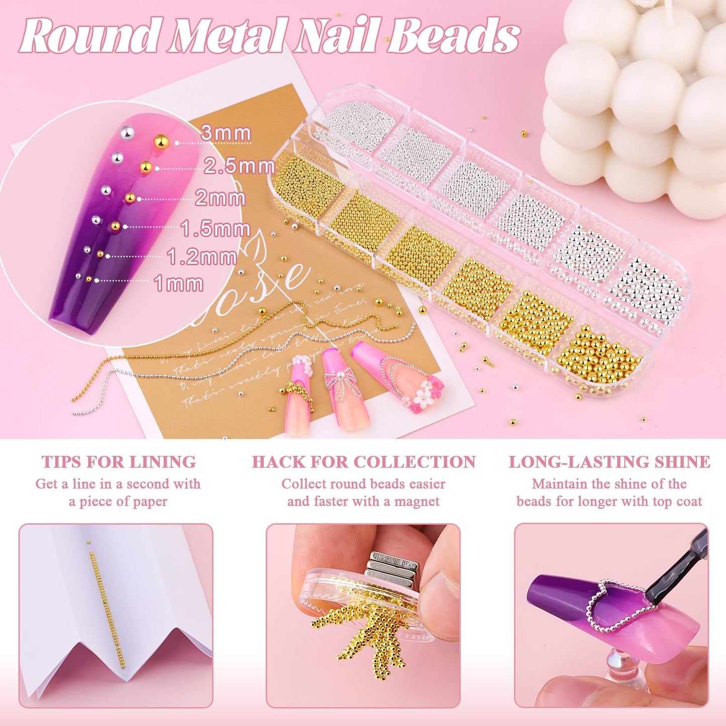 1-3MM Mini Small Nail Beads Metal Caviar Bead Silver Gold Nail Charms and Gems Ball, Nail Chain for Nail Art Accessories Supplies Gold Rhinestones for Women Manicure-Velvo Beauty