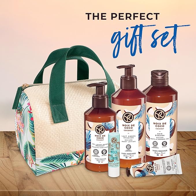 Yves Rocher Bain de Nature Coconut 6-Piece Gift Set, Shower Gel, Hand Cream, Body Lotion, Lip Balm, Hand Soap & Vanity Bag, 6 Items-Velvo Beauty