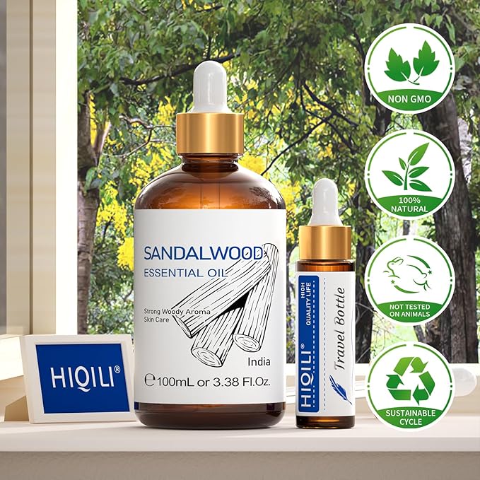 HIQILI Sandalwood Essential Oils, Long-Lasting Scent for Perfume, Diffuser, Soap Making & Candle- 3.38 Fl Oz-Velvo Beauty