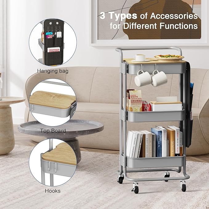 DTK 3 Tier Metal Utility Rolling Cart with Table Top and Side Bags, Tray Storage Organizer Wheels, Art Craft 4 Hooks for Kitchen Bathroom Office Living Room(Grey)-Velvo Beauty