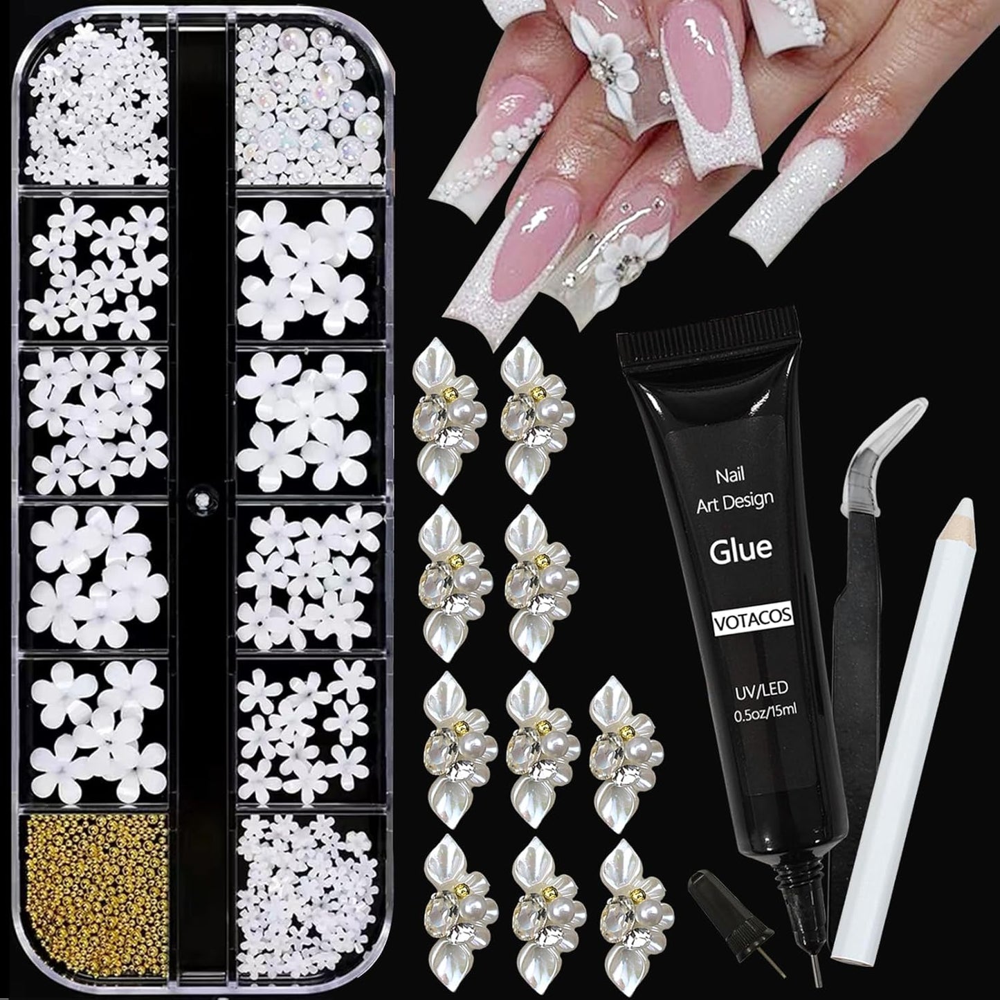 Nail Art Charms with Rhinestones Glue Gel Flatback Pearls Nail Charms Luxurious Nails Supplies Accessories Gold Steel Ball Gems Jewelry Pearls for Women Nails Design-Velvo Beauty