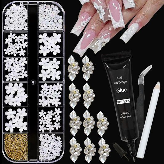 Nail Art Charms with Rhinestones Glue Gel Flatback Pearls Nail Charms Luxurious Nails Supplies Accessories Gold Steel Ball Gems Jewelry Pearls for Women Nails Design-Velvo Beauty