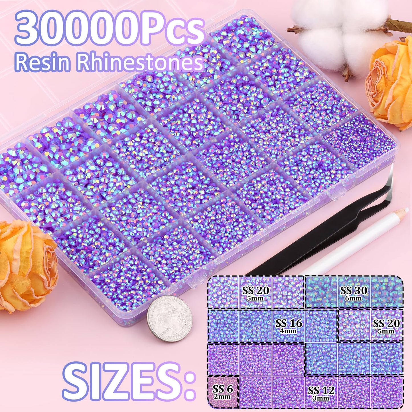 30000Pcs Dark Purple AB Rhinestones for Bedazzling with B7000 Jewelry Glue, Bedazzler Kit Flatback Gems, Resin Rhinestones for Crafting Crafts Clothing Shoes Fabric Nail Art Assorted Size 2/3/4/5/6mm-Velvo Beauty