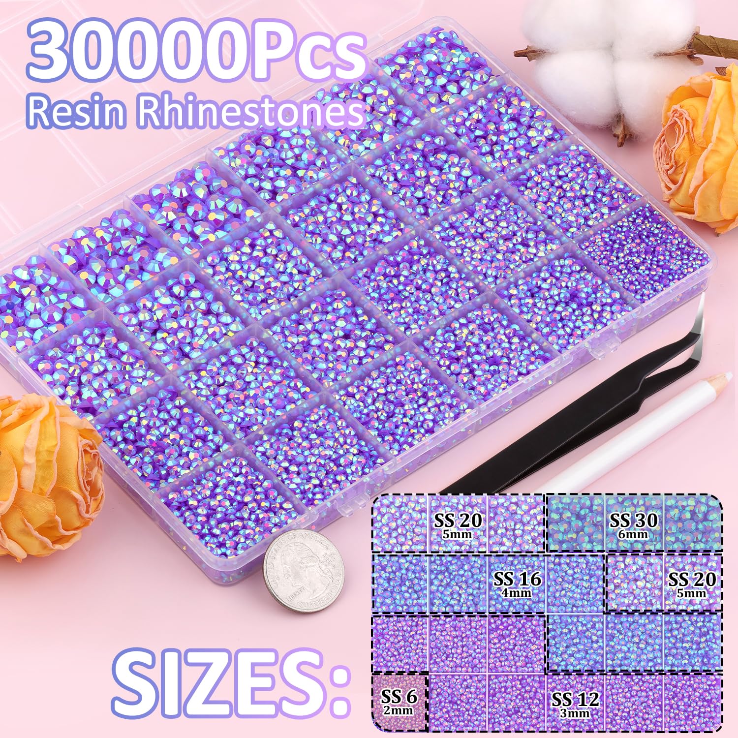 30000Pcs Dark Purple AB Rhinestones for Bedazzling with B7000 Jewelry Glue, Bedazzler Kit Flatback Gems, Resin Rhinestones for Crafting Crafts Clothing Shoes Fabric Nail Art Assorted Size 2/3/4/5/6mm-Velvo Beauty
