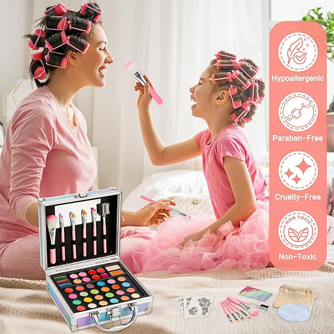 Anpro All-In-One Makeup Carry Case with Pro Teen Makeup Set, Full Starter Cosmetics Kit with Makeup Brushes, Eye Shadows Palette, Blushes, Glitter Gel, Temporary Tattoo Stickers - Blue-Velvo Beauty