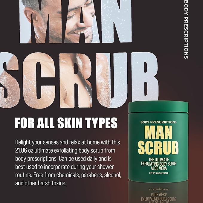 Body Prescriptions Men’s Exfoliating Body Scrub – Ultimate Skin Cleansing Wash in Jar with Twist-Top Lid, For All Skin Types, 21 Ounce (Pack of 4), Aloe Vera-Velvo Beauty