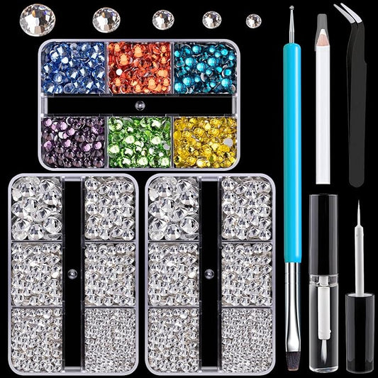 Colorful Face Gems for Makeup Set, Clear Glass Gems+Mixed-Colored Crystals with Picker Pencil, Makeup Glue, Dual-End Dotting Tool, Tweezer for Eye Body Hair Make-up and Nail Art Deco-Velvo Beauty