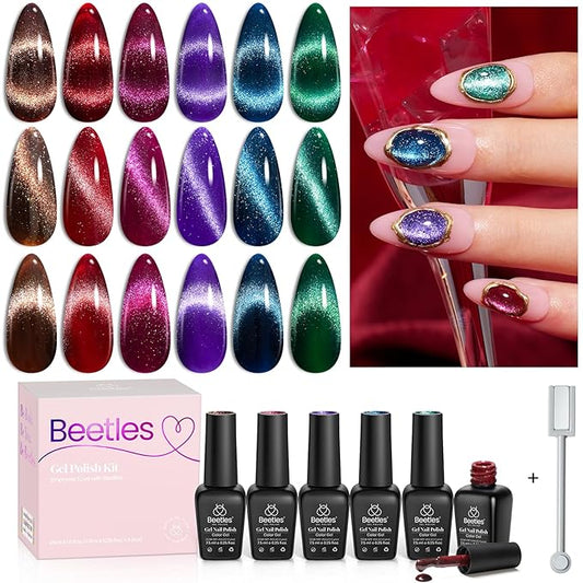 Beetles Cat Eye Gel Nail Polish Set, 6 Colors Glitter Red Pink Shiny Brown Burgundy Purple Blue Green Magnetic Effect Sparkle Stunning Nail Gel Polish Kit Soak Off UV Manicure Gifts for Women-Velvo Beauty