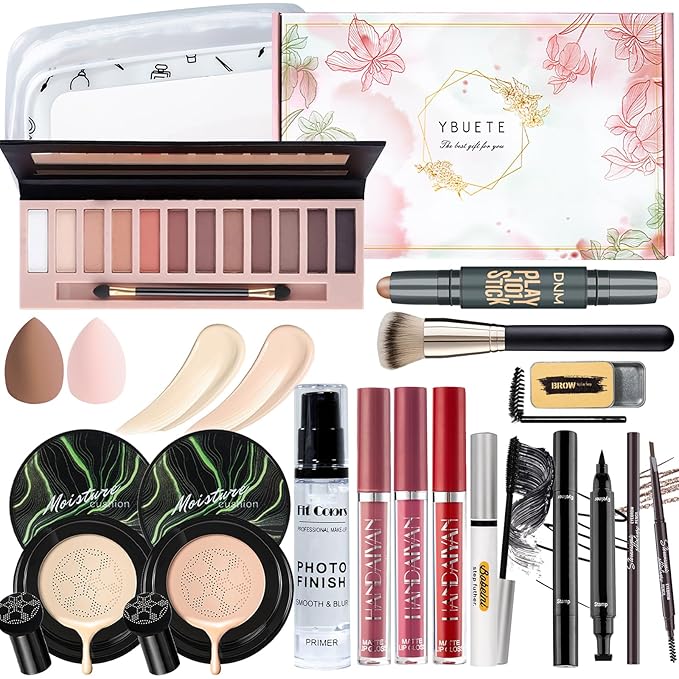 Makeup Kit Set for Women, Makeup Present for Women Teens Girl, Eyeshadow Palette Air Cushion CC Cream Primer Brush Spong Contour Lipstick Eyebrow Soap Mascara Eyeliner C-Velvo Beauty