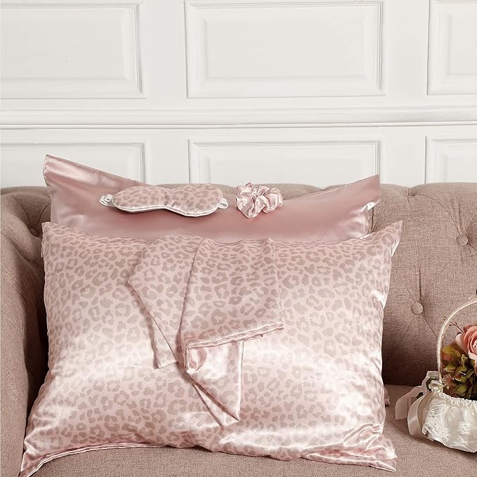 2 Pack Satin Pillowcase with Latent Zipper, Adjustable Satin Eye Mask for Sleeping and Satin Volume Scrunchie for Hair and Skin, Standard Size (Pink, Leopard Style)-Velvo Beauty