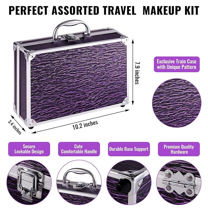 Makeup Kit for Teen Girls & Women Full Kit, Beauty Train Case with Starter Cosmetic Set, Make Up Valentine's Day Gift Box with Eyeshadow,Lipgloss,Highlighter,Blush,Lip&Eye Pencils,Brush & More(Purple)-Velvo Beauty