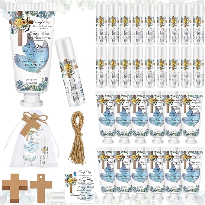 144 Pcs Christian Lip Balm Hand Cream Set Party Favors, Include 36 Bible Lip Balm 36 Moisturizing Hand Cream 36 Bags 36 Cards and Ropes for Accessories Gifts (Biblical, Cross)-Velvo Beauty