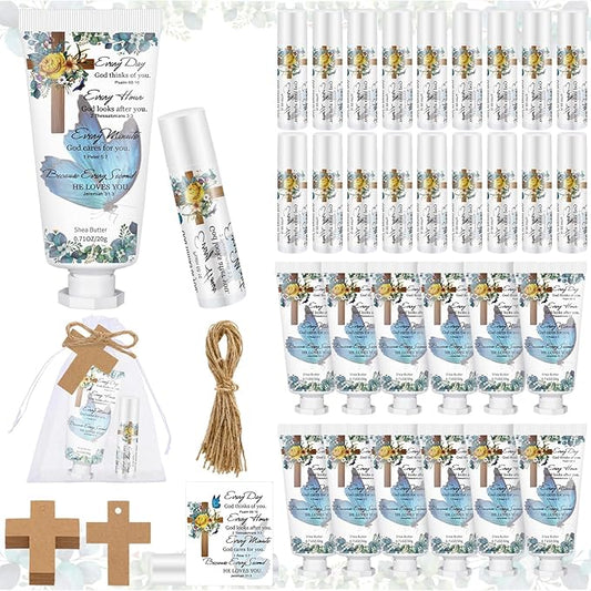 144 Pcs Christian Lip Balm Hand Cream Set Party Favors, Include 36 Bible Lip Balm 36 Moisturizing Hand Cream 36 Bags 36 Cards and Ropes for Accessories Gifts (Biblical, Cross)-Velvo Beauty