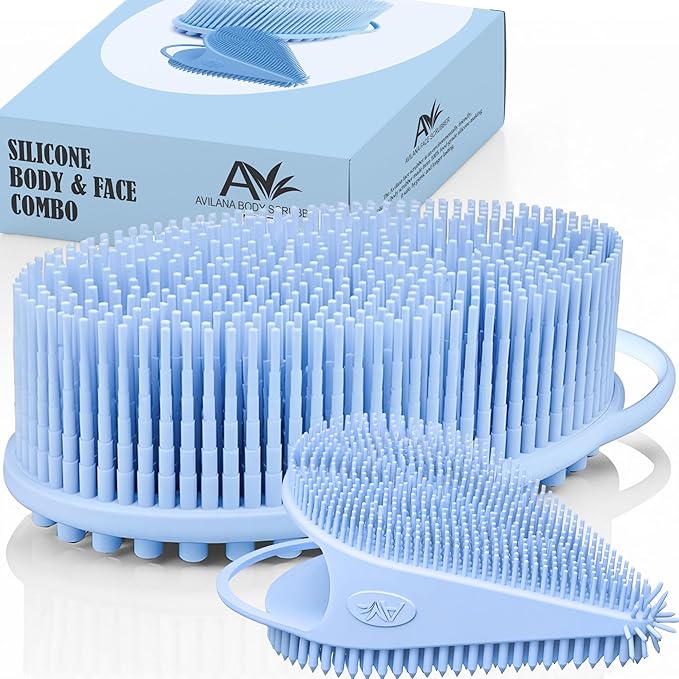 Avilana Silicone Body Scrubber – Gentle Shower Brush & Loofah Alternative- Food Grade & Lab Tested – Fast-Drying, Hygienic, BPA-Free Silicone Body Gentle Exfoliator (Blue, Body & Face)-Velvo Beauty