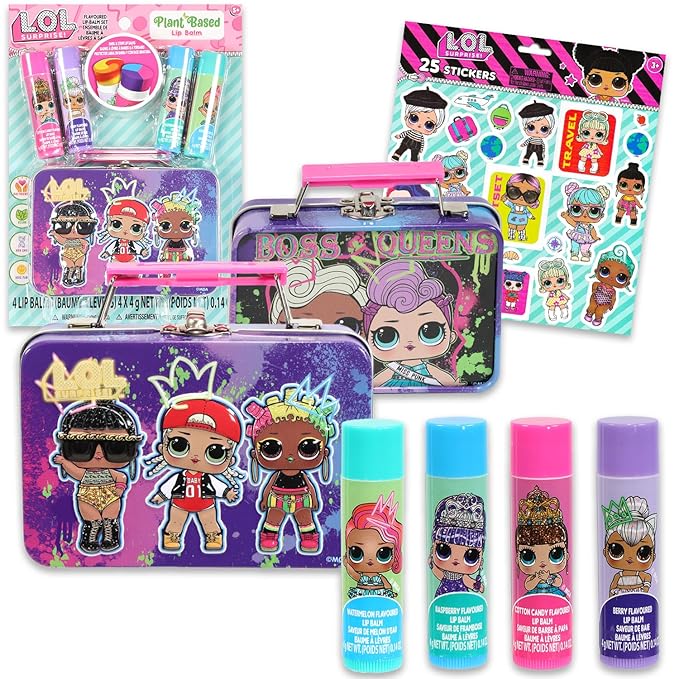 LOL Doll Lip Balm Set - Bundle with 4 LOL Doll Lip Balm Tubes, Carrying Tin, Stickers and More | LOL Doll Lip Balm Kit for Kids, Girls-Velvo Beauty