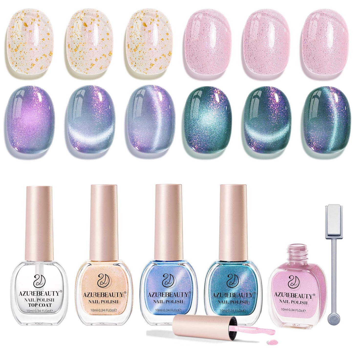 AZUREBEAUTY Magnetic Cat Eye Nail Polish Set – 2 Cat Eye & 2 Glitter Colors with Top Coat, Chrome Shimmer Gel Effect, Quick Dry Long Lasting DIY Nail Kit for Salon Home-Velvo Beauty