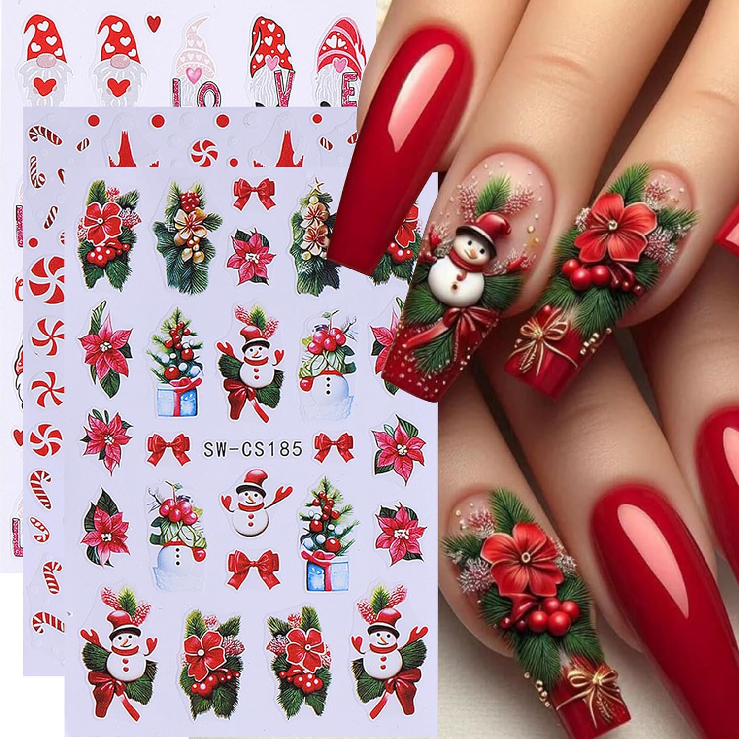 Christmas Nail Art Stickers Decals 16PCS 3D Self-Adhesive New Year Sticker for Nail Art Santa Claus Tree Elk Snowman Gonks Red Designs DIY Xmas Winter Decor Nail Art Supplies for Women Girls-Velvo Beauty