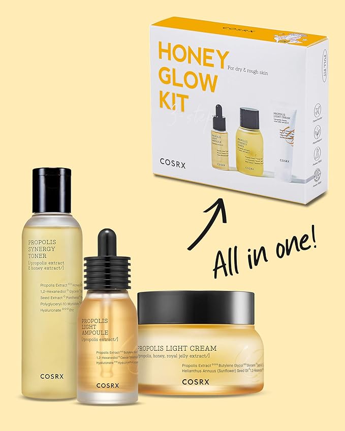 COSRX Honey Glow Kit | Facial Toner, Serum, Cream with Propolis Extract | Deep Moisture, Hydration, Nourishment | Travel Size Set, Gift Set, Korean Skincare, Not Tested on Animals, Paraben Free-Velvo Beauty