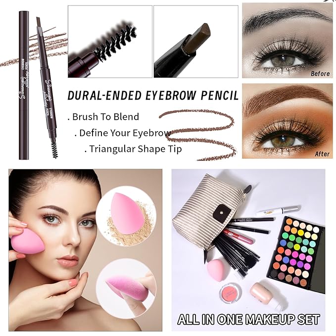 Makeup Set Full Kit for Girls Teens Women, Makeup Present Set, Includes Eyeshadow, Foundation, Blusher, Eyebrow Pencil, Mascara, Eyeliner, Brushes, Lip Gloss, Sponge, Cosmetic Bag-Velvo Beauty