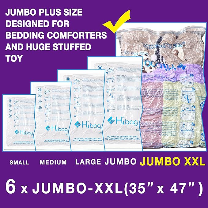 XXL Jumbo 47''X35'' Vacuum Storage Space Saver Bags Extra Large for Blanket, Bedding, Comforters and Huge Stuffed Toy (6 Pack)-Velvo Beauty