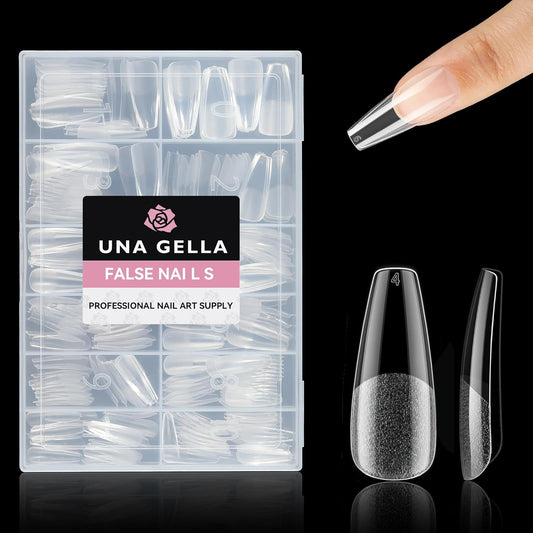 UNA GELLA Long Coffin Nail Tips, 312Pcs Gel Nails Tips Coffin Pre-Shape, Half Matte Full Cover Clear False Fake Nails for Nail Extension DIY Art Salon 12 Sizes-Velvo Beauty