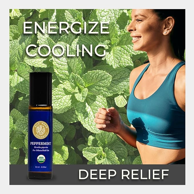 Silk Road Organic Peppermint Essential Oil Roll On, Mentha Piperita, 100% Pure USDA Certified Aromatherapy - Headache, Morning Sickness, Nausea, Energy & Hair - 10 ml Roller-Velvo Beauty