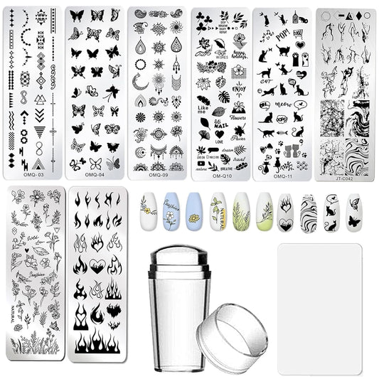 AddFavor Nail Stamper Kit 8pcs Stamping Plates Minimalist Geometric Lines Leaf Image Template for DIY Decorating Polish Gel Plate Print Stamper Manicure Stencils Tools (Mixed-Style D)-Velvo Beauty