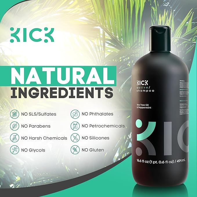 Kick Mens Shampoo - Peppermint & Tea Tree for Oil Control - Sulfate-Free, Refreshing Formula - Anti-Dandruff and Scalp Soothing - Shampoo for Oily Hair - Cruelty-Free - 16.6oz-Velvo Beauty
