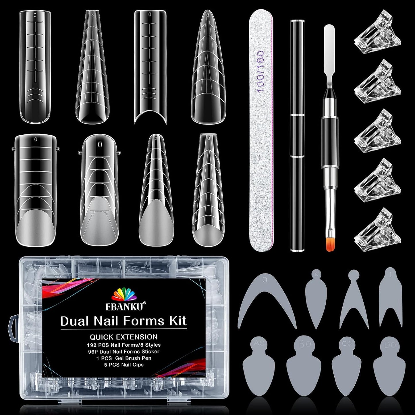 EBANKU Dual Form Kit, 288PCS Poly Gel Forms for French Nails, 8 Styles Reusable Silicone Pads, 5PCS Clips, Brush Pen, Files Buffer, Extension Kit for Beginner-Velvo Beauty
