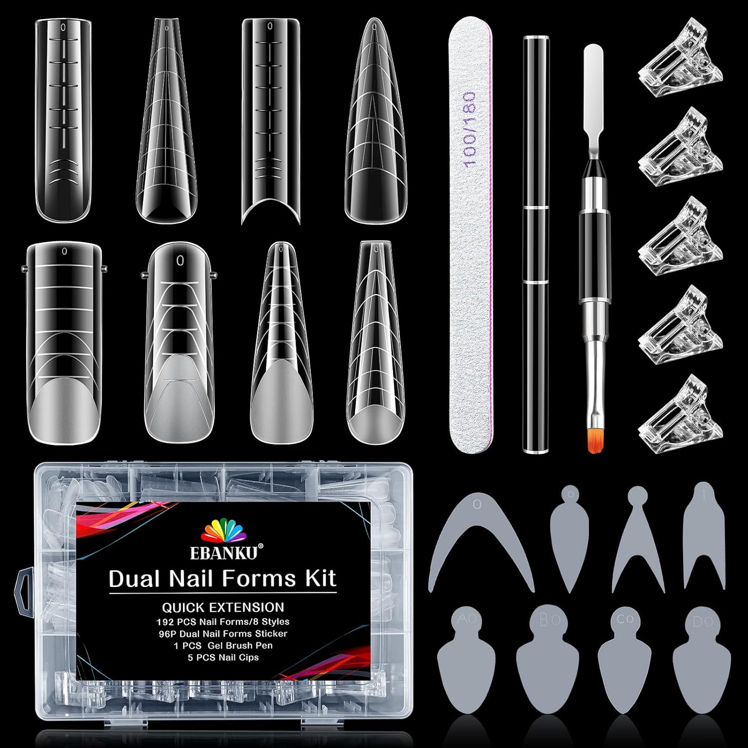 EBANKU Dual Form Kit, 288PCS Poly Gel Forms for French Nails, 8 Styles Reusable Silicone Pads, 5PCS Clips, Brush Pen, Files Buffer, Extension Kit for Beginner-Velvo Beauty