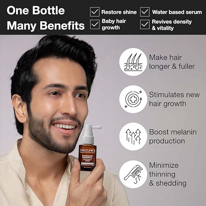Soulflower Rosemary Redensyl Hair Growth Serum | 3% Redensyl, 4% Anagain, Melanogray, Caffeine, Biotin, Keratin, Tea Tree, Chia Seeds, Rice Water | Men, Women | 30 ml-Velvo Beauty
