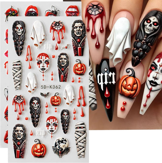 2 Sheets Halloween Nail Art Stickers 5D Embossed Horror Ghost Nail Stickers Big Red Lips Pumpkin Devil's Flame Eye Bat Design Terror Spider Mummy Nail Decals for Women Acrylic DIY Nail Decorations-Velvo Beauty