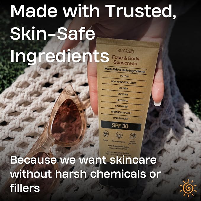 Natural Mineral Sunscreen SPF 30 3 oz: Natural Tallow & Zinc Oxide, Reef Safe, Water Resistant, Fragrance-Free, Non-Greasy Formula for Face and Body-Velvo Beauty