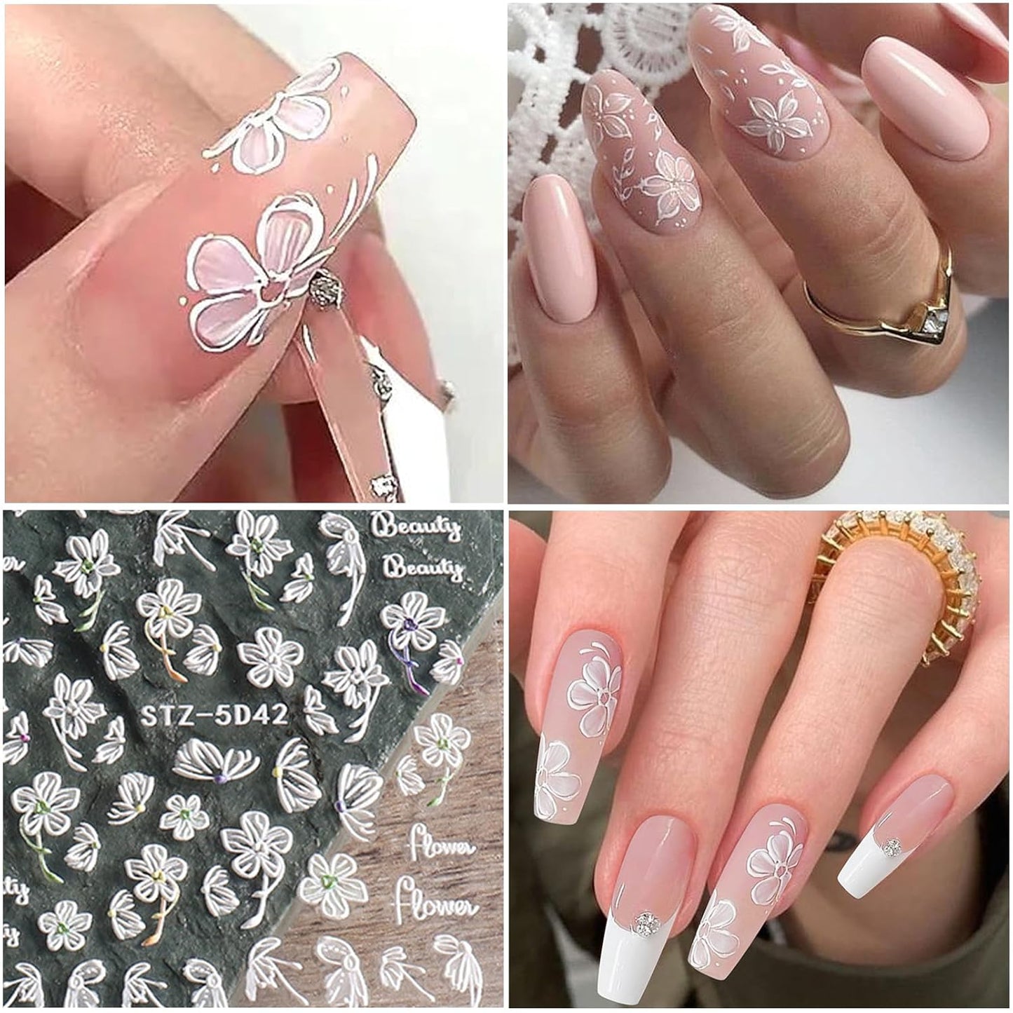 6 Sheets White Flower Nail Art Stickers Decals 5D Embossed Nail Decals Spring Winter Nails Art Self-Adhesive Supplies Accessories 3D Flower Stickers for Women Nails Design Decoration-Velvo Beauty
