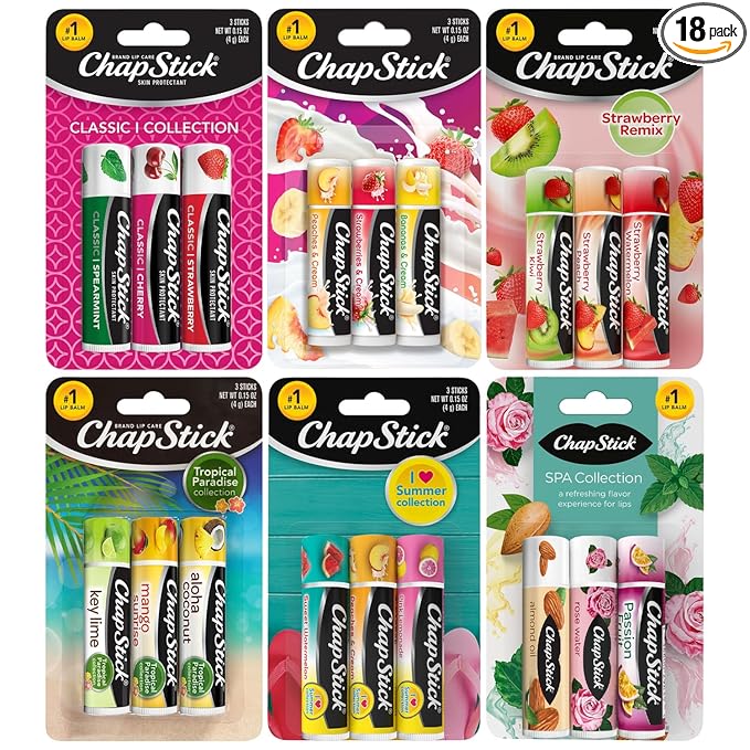 ChapStick Lip Balm, Sweet & Fruity Flavors + SPA & Classic Collections, 18-Pack – Includes Strawberry Remix, I Love Summer & Tropical Paradise & More, Birthday Gifts, Party Favors, 0.15 Oz-Velvo Beauty