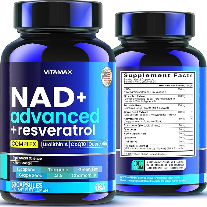 NAD Supplement Extra Strength - Liposomal + Resveratrol for Women & Men, CoQ10, Alpha Lipoic Acid, Green Tea, Quercetin, Urolithin A, Lycopene – High Purity Anti-Aging, Energy & Regeneration – 60ct-Velvo Beauty