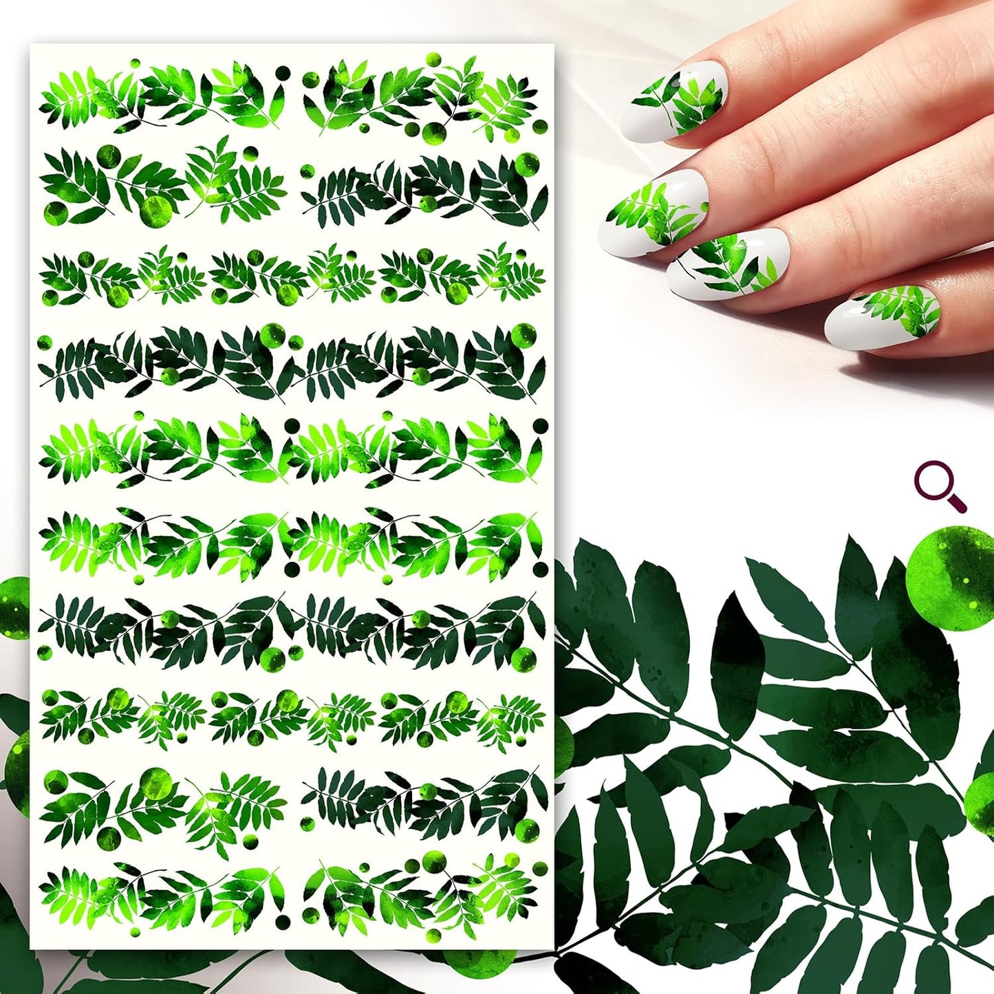 Nail Stickers Decals (5 Sheets) FLONZNAIL Bright Green Leafy Fronds Nail Decor Transfer Vintage Styled Stickers-Velvo Beauty