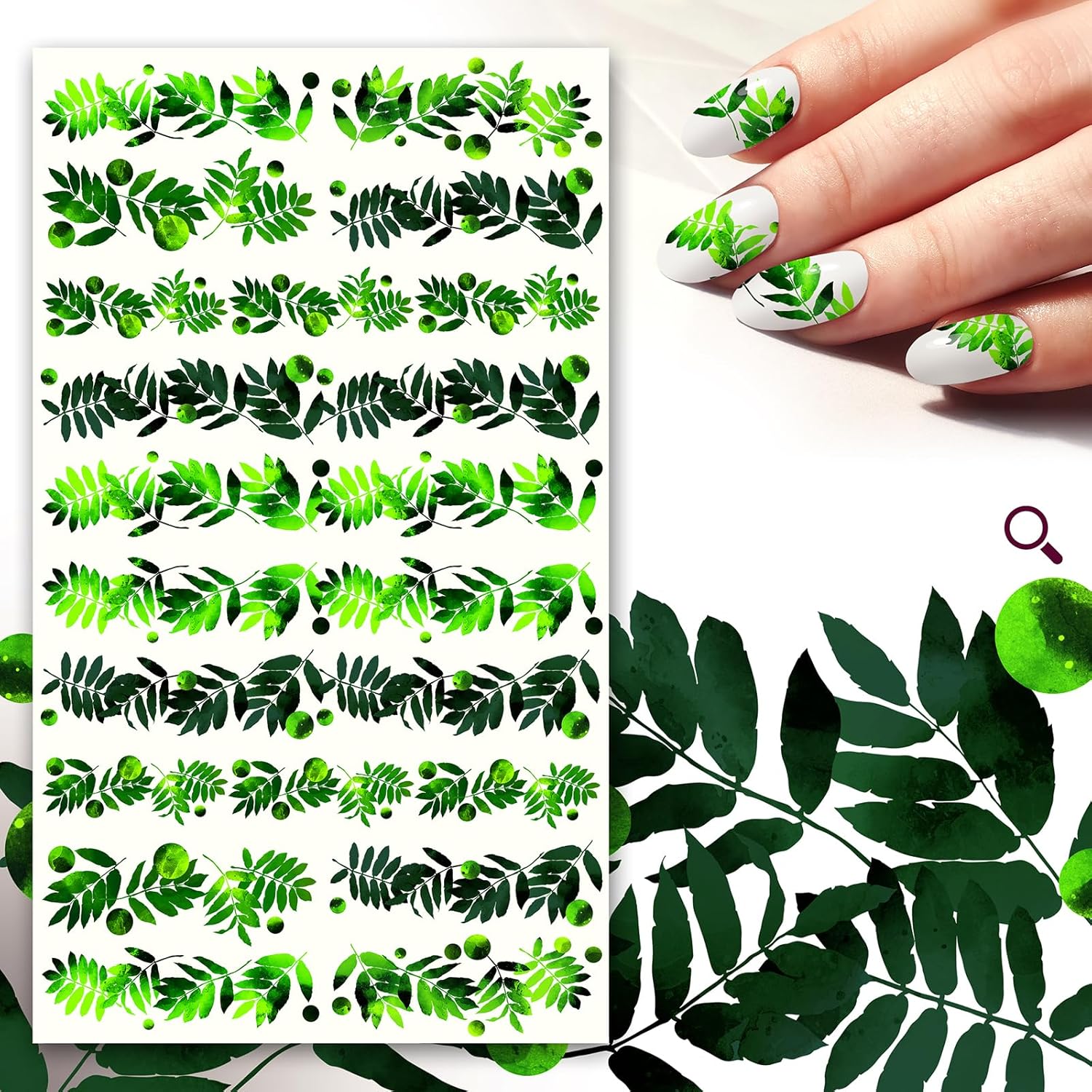 Nail Stickers Decals (5 Sheets) FLONZNAIL Bright Green Leafy Fronds Nail Decor Transfer Vintage Styled Stickers-Velvo Beauty