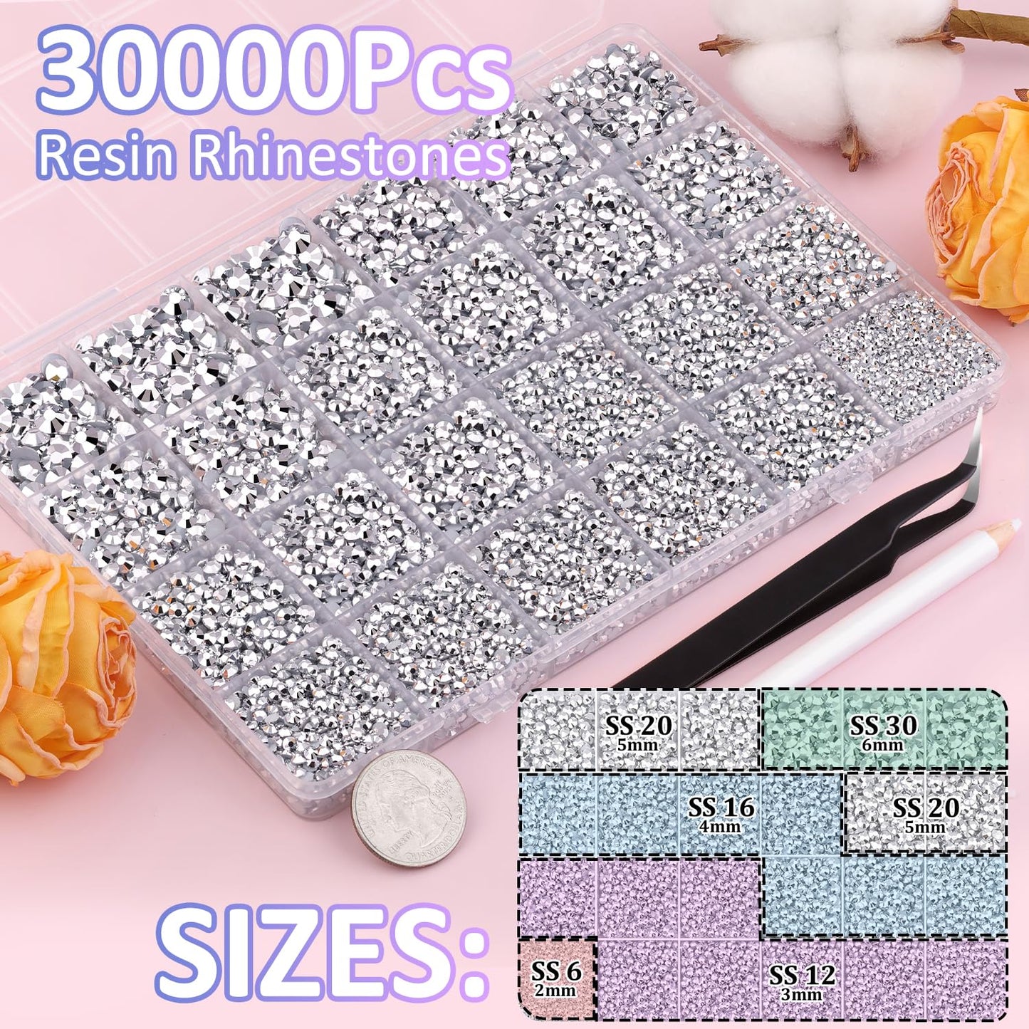 30000Pcs Silver Rhinestones for Bedazzling with B7000 Jewelry Glue, Bedazzler Kit Flatback Gems, Resin Rhinestones for Crafting Crafts Clothing Shoes Fabric Nail Art Assorted Size 2/3/4/5/6mm-Velvo Beauty