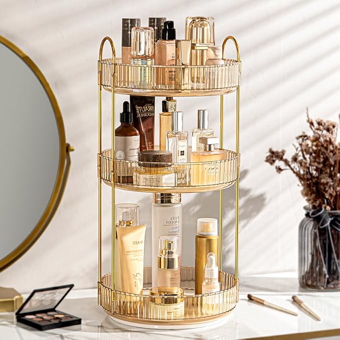 360 Rotating Makeup Organizer - High-Capacity Skincare & Cosmetics Organizer for Vanity, Bathroom or Dresser (3 Tiers, Amber)-Velvo Beauty