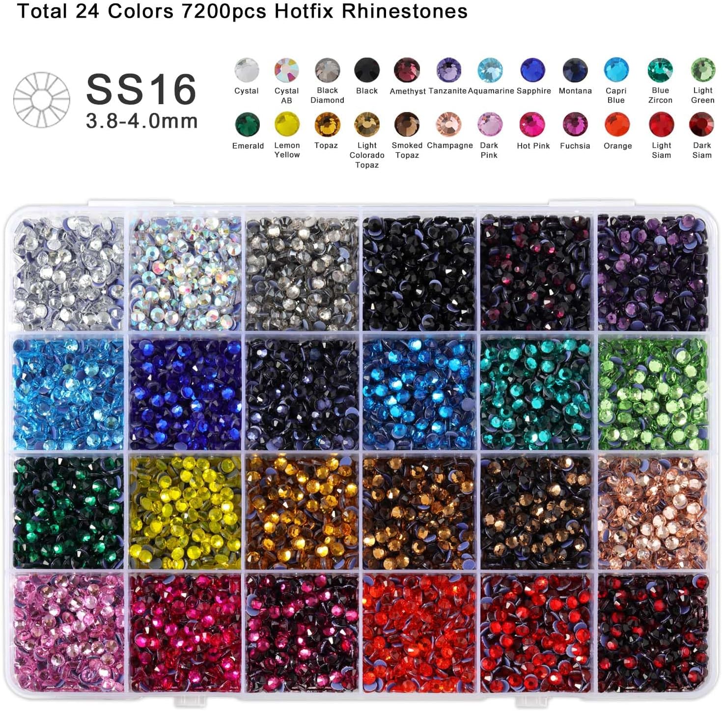 Hotfix Rhinestones Mixed 24 Colors, SS16 Rhinestones for Crafts Clothes, Hotfix Crystals with 1 Tweezers, 1 Wax Pencil and 1 Spoon-Velvo Beauty