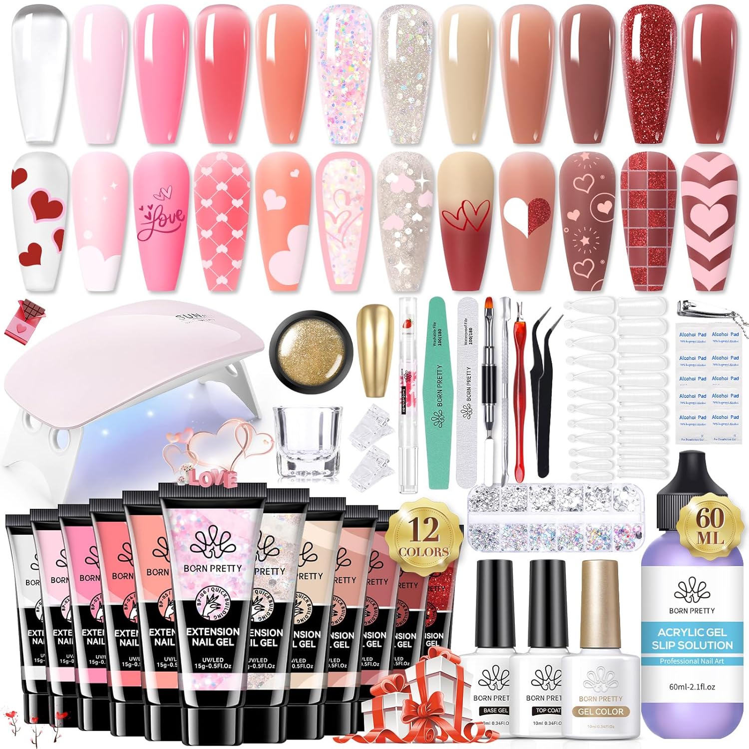 BORN PRETTY Poly Extension Gel Kit-12 Colors Extension Nail Gel Kit Nude Clear Jelly Pink All-In-1 Kit Builder Glue with Nail Lamp Base Top Coat Set Nail Forms French Manicure Ideal Gifts-Velvo Beauty