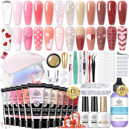 BORN PRETTY Poly Extension Gel Kit-12 Colors Extension Nail Gel Kit Nude Clear Jelly Pink All-In-1 Kit Builder Glue with Nail Lamp Base Top Coat Set Nail Forms French Manicure Ideal Gifts-Velvo Beauty
