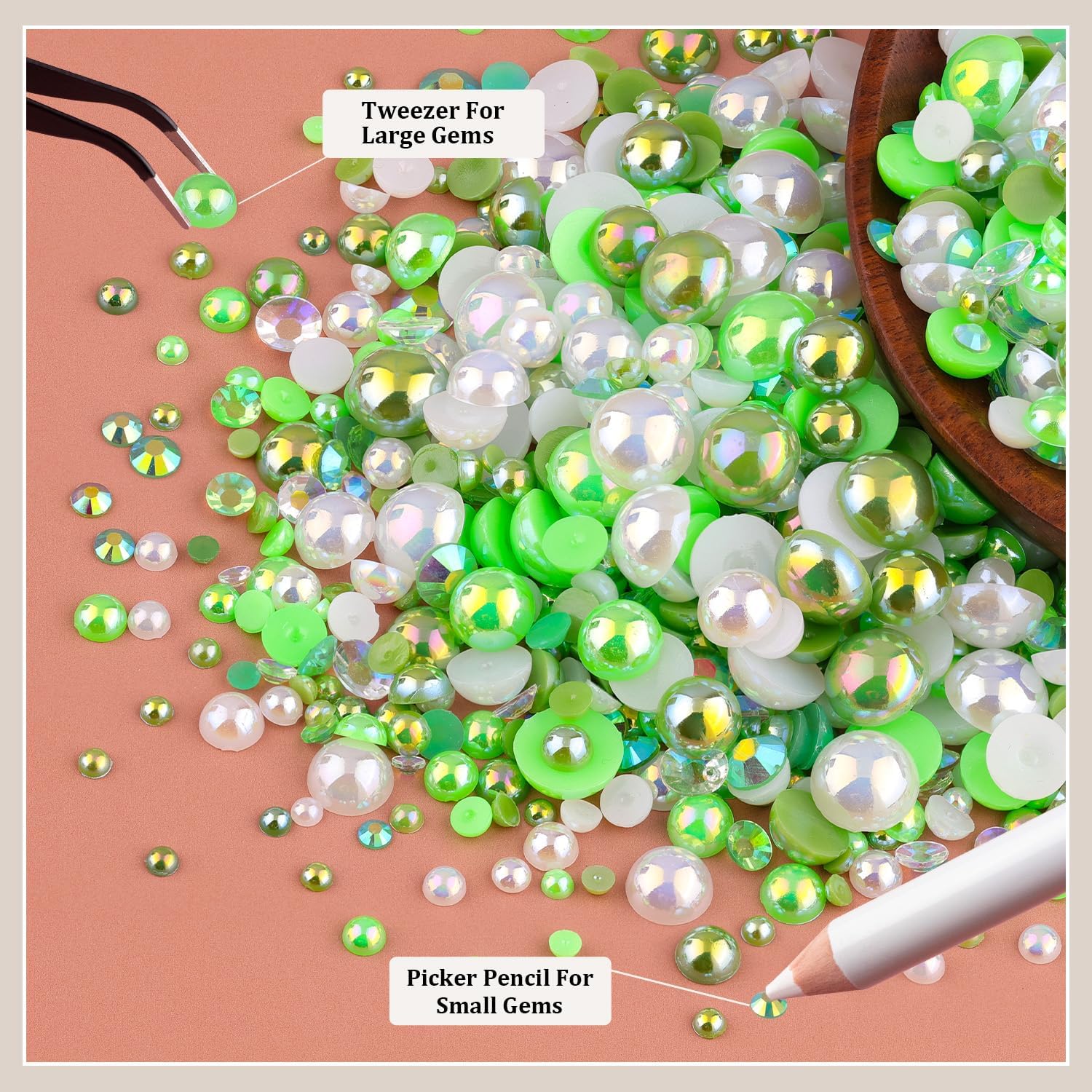 80g Flatback Pearls and Rhinestones for Crafting, Green 3-10mm Resin Rhinestones and Half Pearls for Bedazzling, Nail Art and Dec with 3pcs 10ml B7000 Jewelry Glue, Tweezer and Pickup Pencil-Velvo Beauty